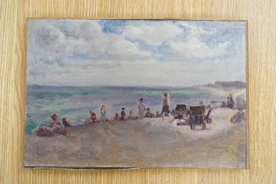 Harold Hope Read (Exh. 1907-1928), oil on canvas, Beach scene with figures, signed and dated '24, 23 x 34cm, unframed. Condition - fair, relined